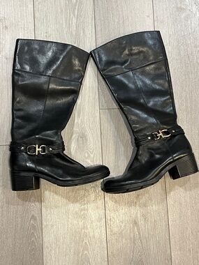 Bandolino Black Leather Mid-Calf Boots with Gold Buckle Accent